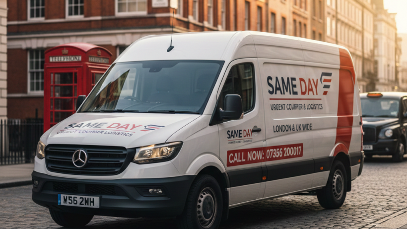 Same Day Delivery van on a London street providing urgent courier services.